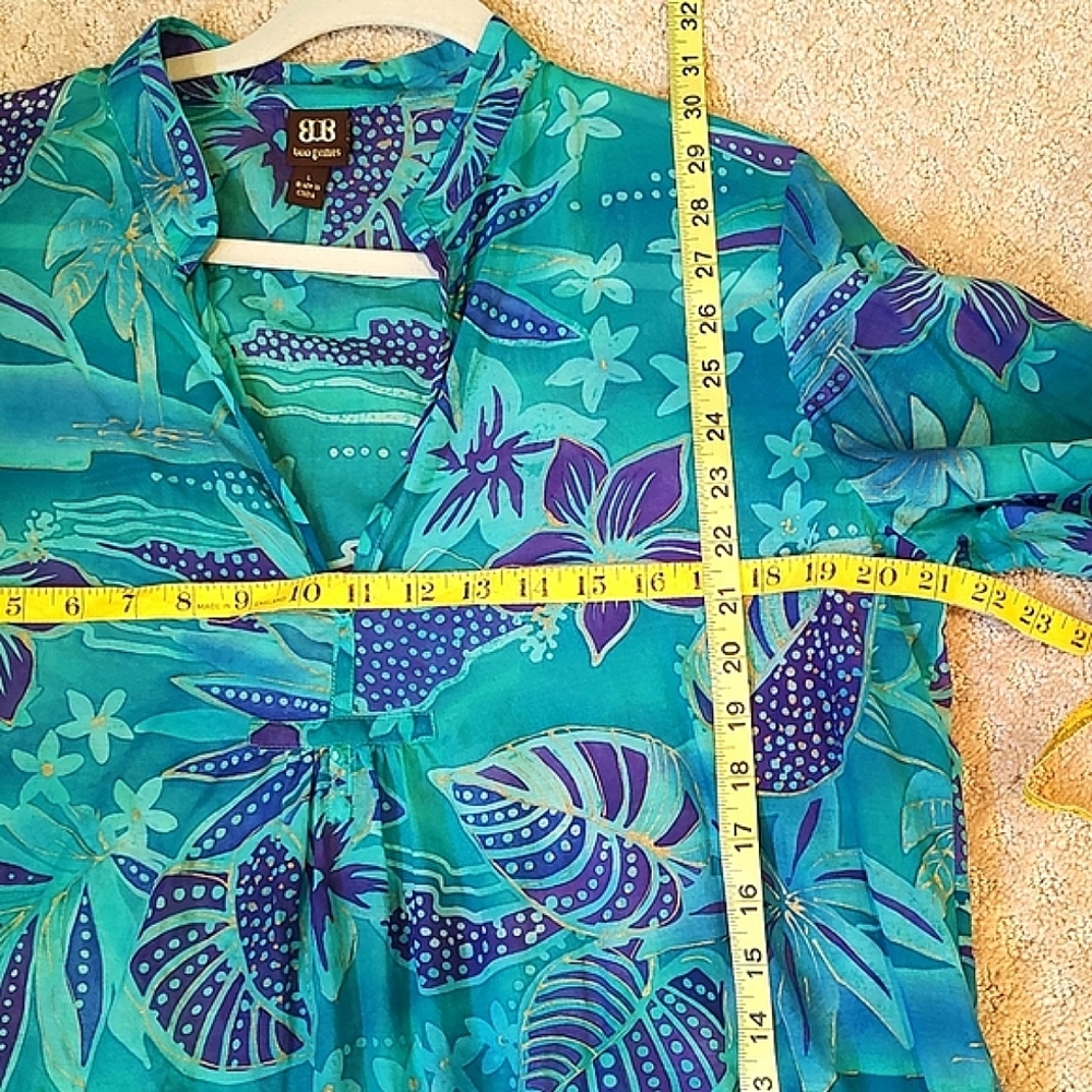 Boo Gems Tunic Top Green Purple Gold Floral Cotton Silk V-Neck Size L - Picture 6 of 12